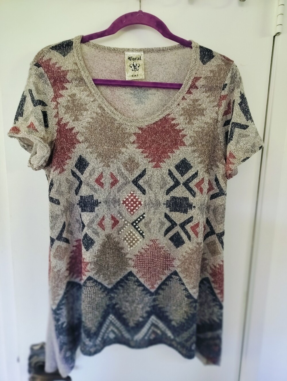 Vocal Western Bling Southwestern Rhinestone Tunic Top Gray Burgundy XL